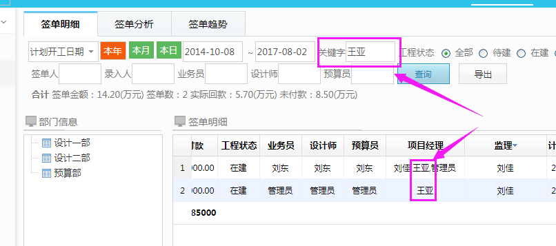 多個項目經理、監理，通過關鍵字篩選